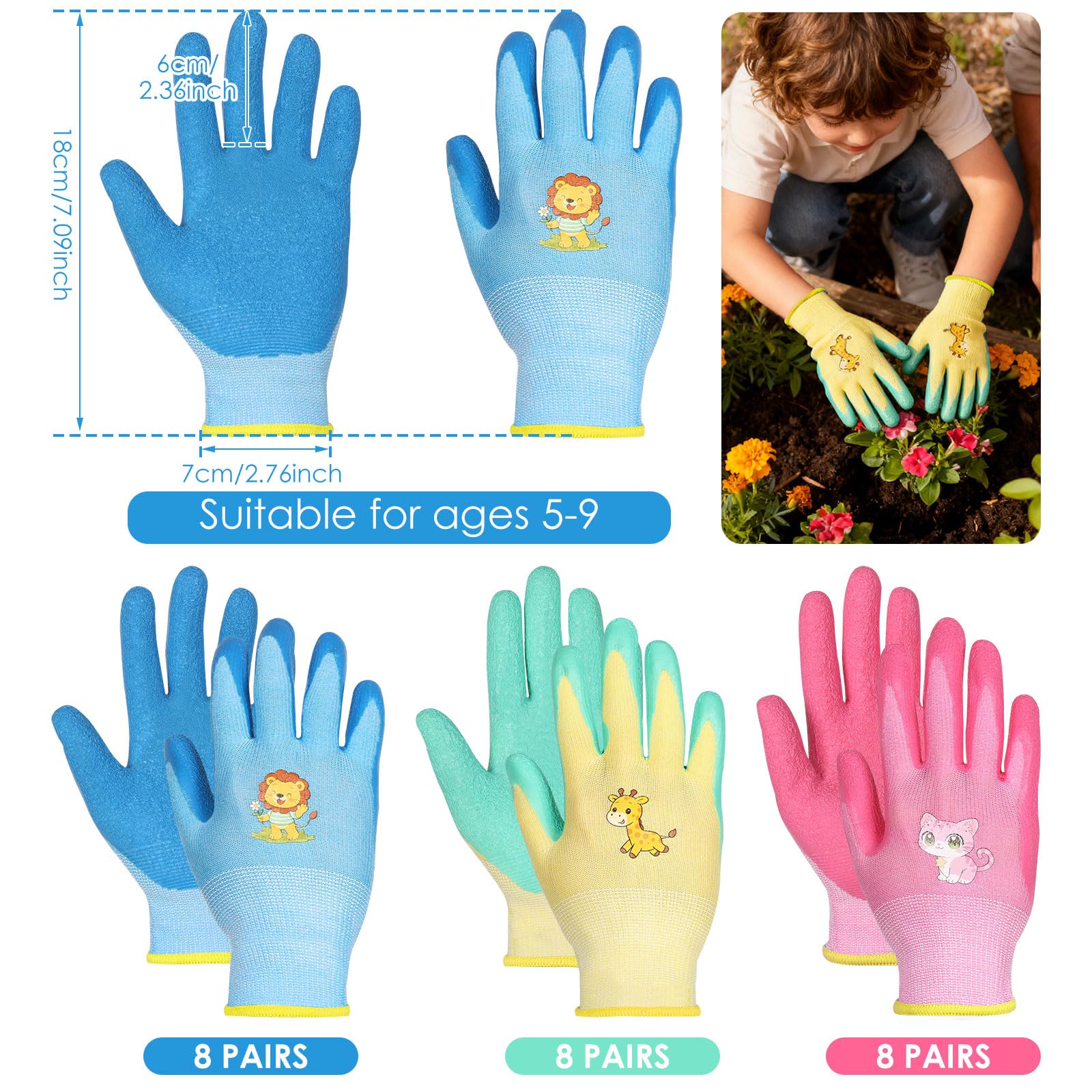 24 paia di guanti da lavoro per bambini, guanti da giardinaggio in tessuto elastico, guanti protettivi per bambini, con rivestimento sul palmo, per fai da te, per lavori domestici, pittura, attività