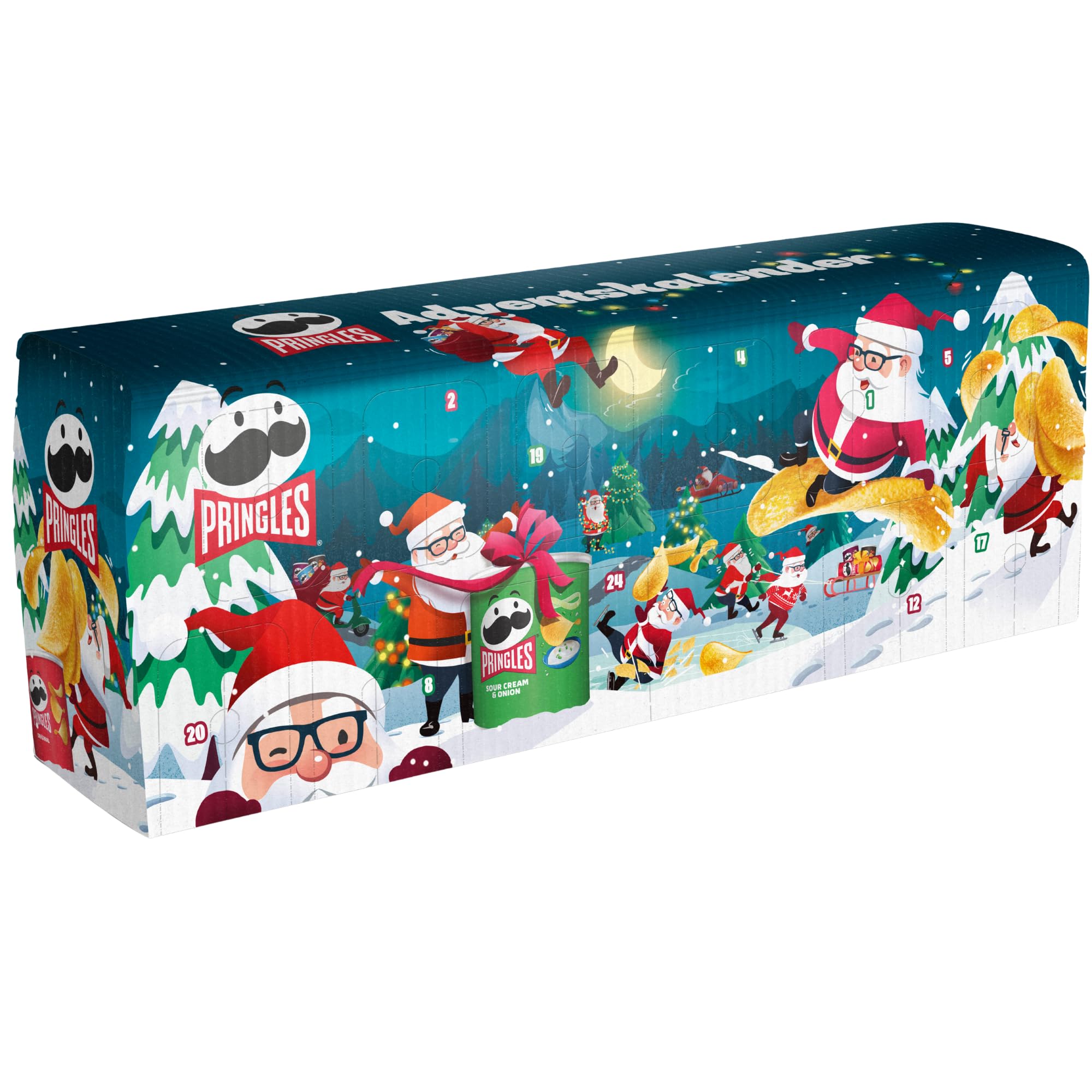 Pringles Bus Adventskalender Dunkelblau 2025 – 1.085 g Knabber-Überraschung | 23 x 40 g & 1 x 165 g Dosen | 6 Sorten Chips |