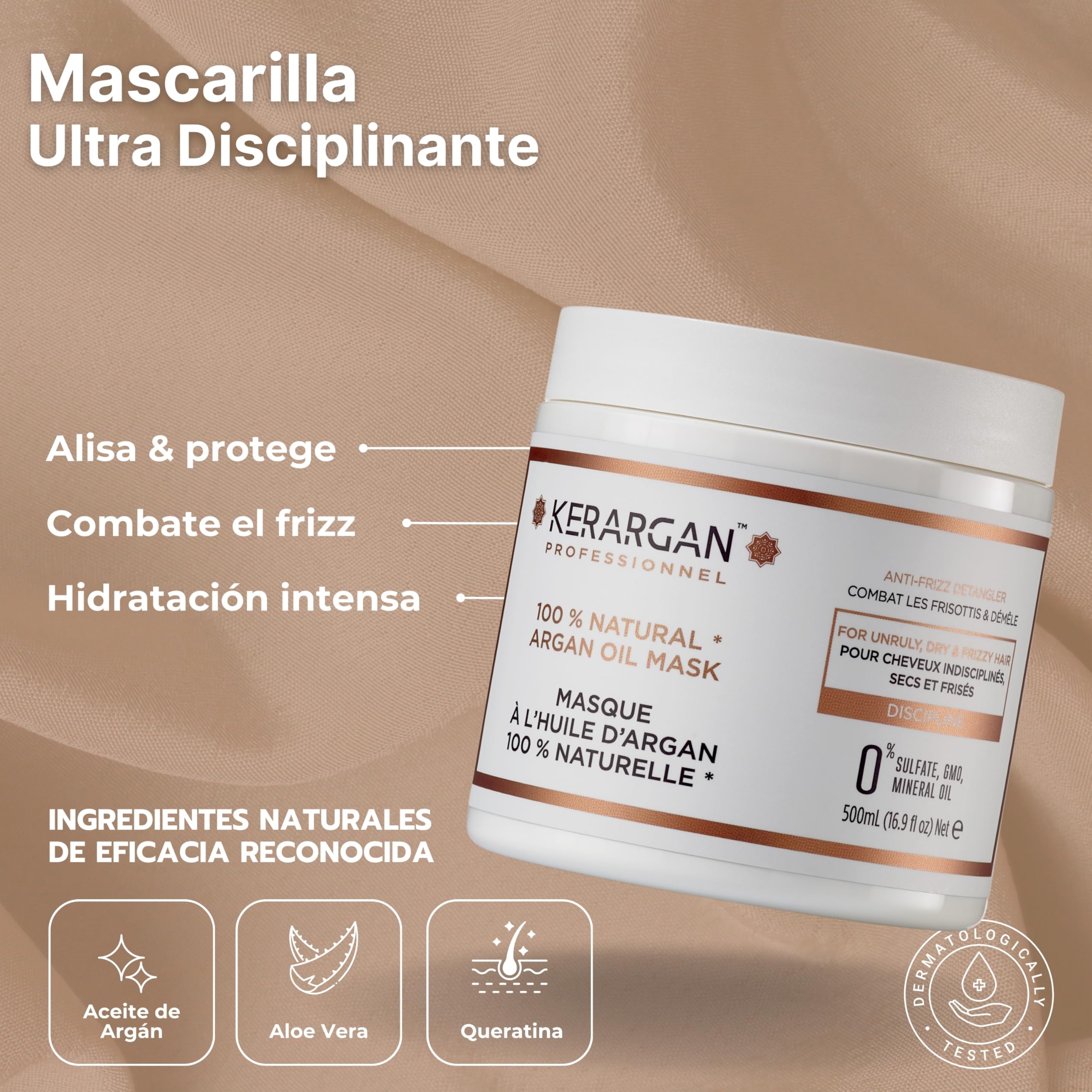 Kerargan - Trío Disciplinante Champú, Mascarilla & Leave In con Aceite de Argán para Cabellos Indisciplinados, Secos y Rizados - Combate el Frizz & Desenreda - Sin Sulfatos, GMO,Silicona-2x500ml+350ml | Champú, mascarilla y acondicionador sin aclarado, ru