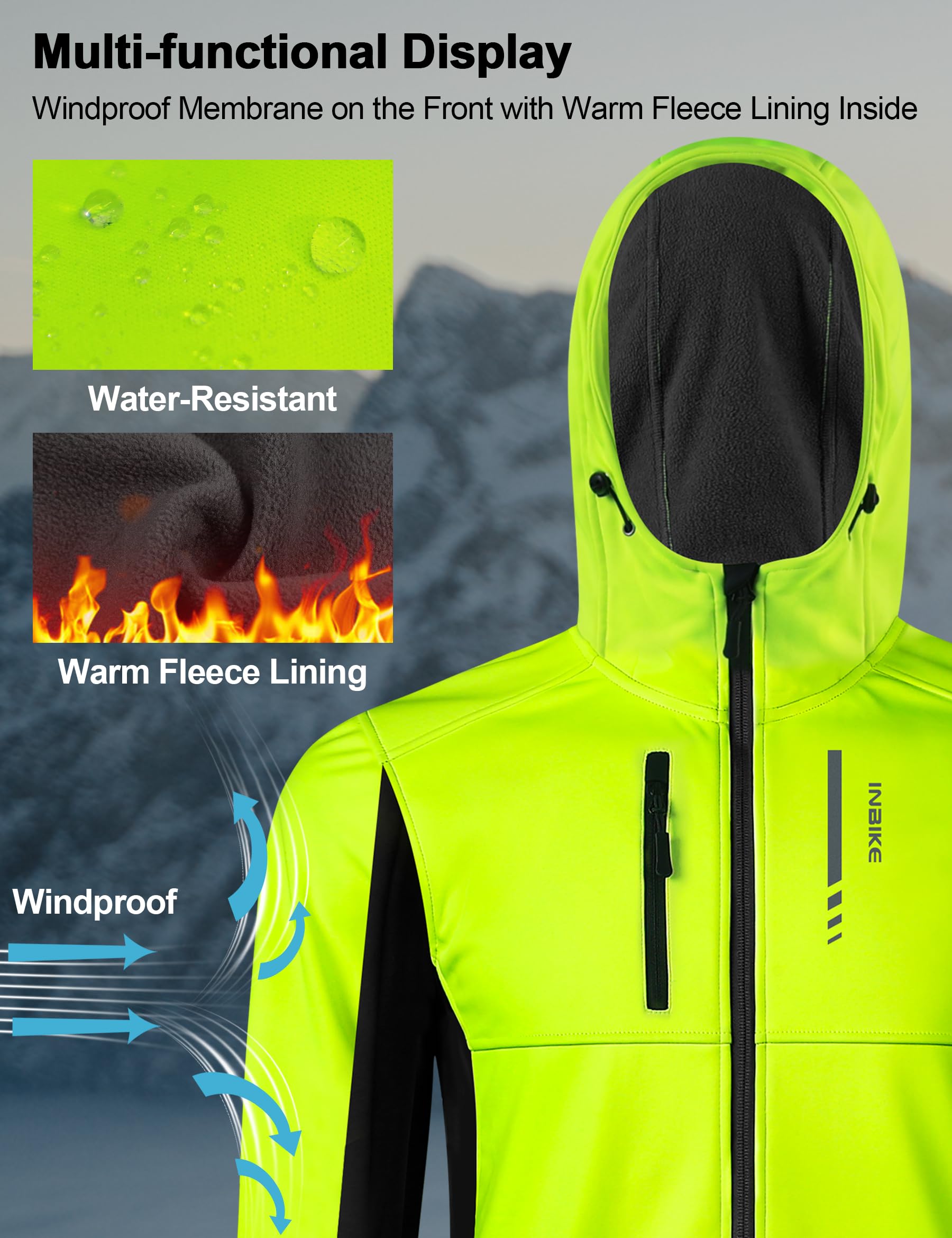 INBIKE Veste de Cyclisme d'Hiver Homme pour VTT Randonnée et Course Coupe-Vent Chaude Doublée En Polaire Avec Capuche À Visière Ajustable HC308