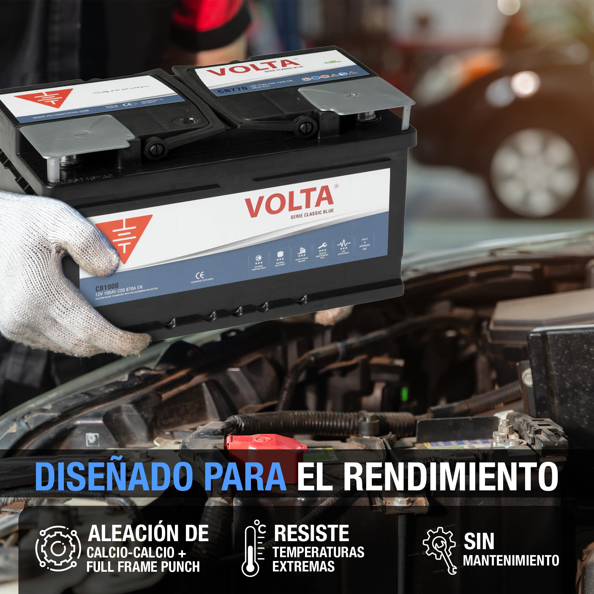 Bateria de Coche 100Ah 870A Volta CB1000D para Automóviles de turismo - Borne +Dcha - Medidas: 353 x 175 x 190 mm con 2 años de Garantía.