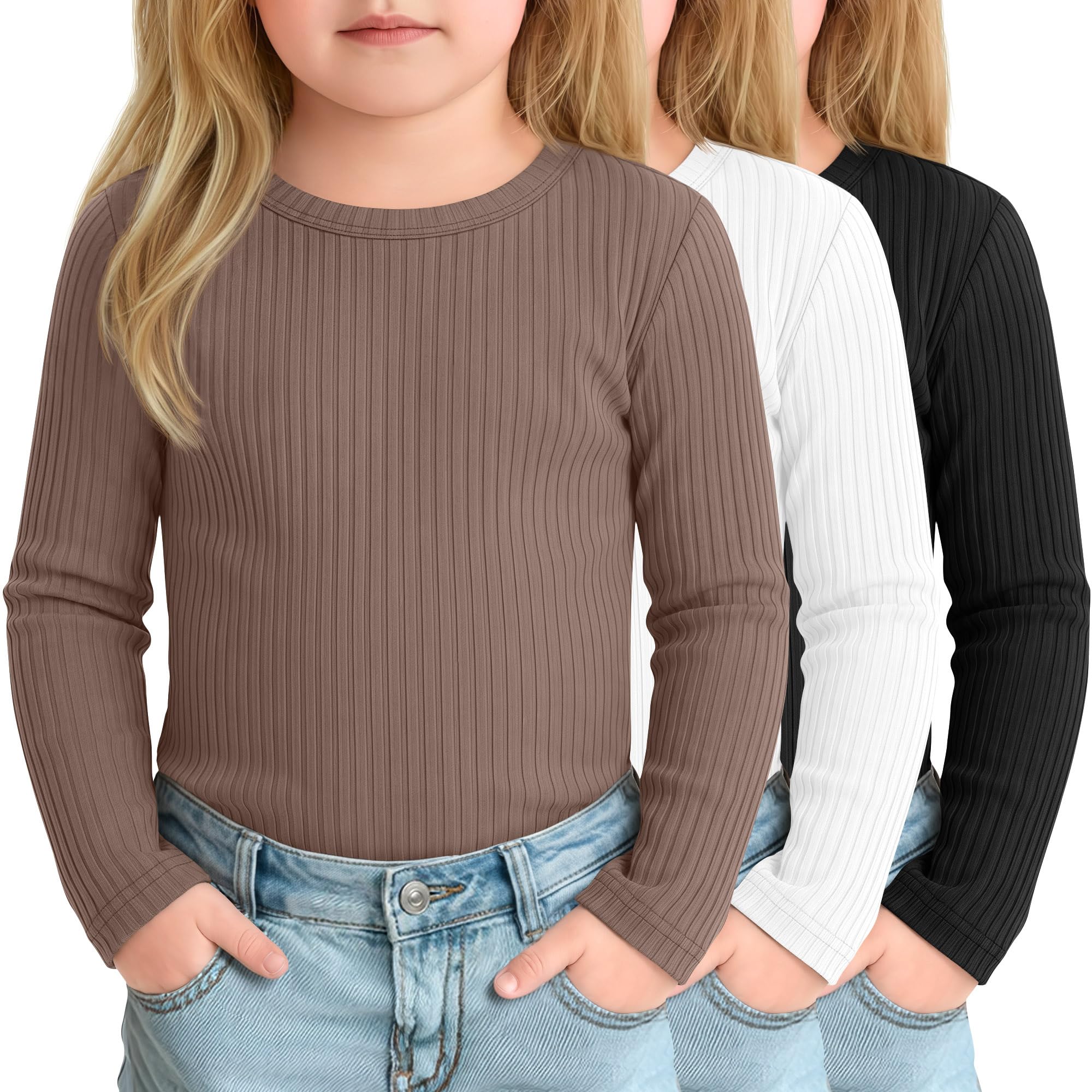 3 Pack Toddler Girl Shirts Long Sleeve Ribbed Tops