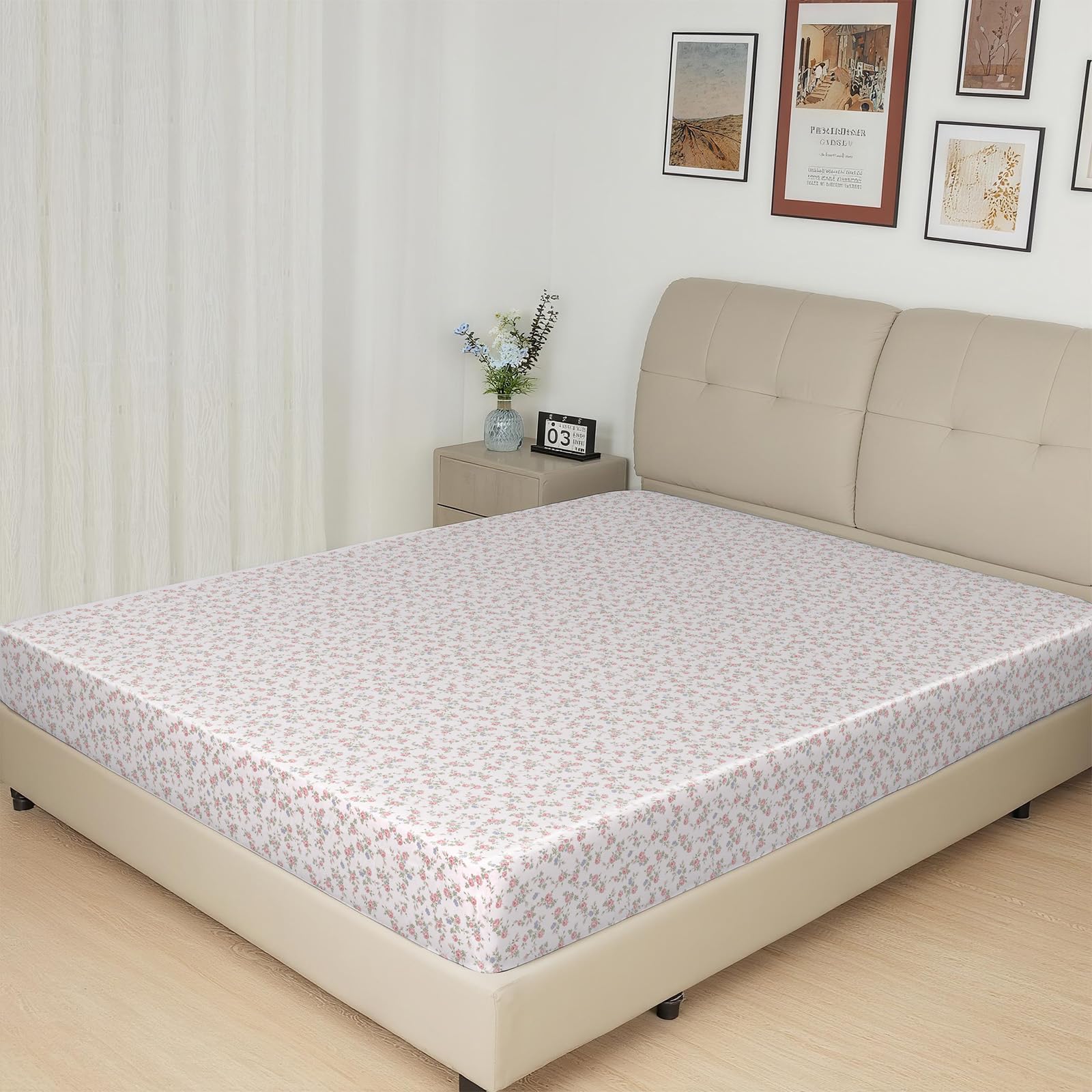 Lirex Satin Fitted Sheet, Silky & Soft Polyester Satin Weave Bed Sheets, 36 cm Deep Pocket with Elastic Corner Straps, Single, Pink Rose Floral