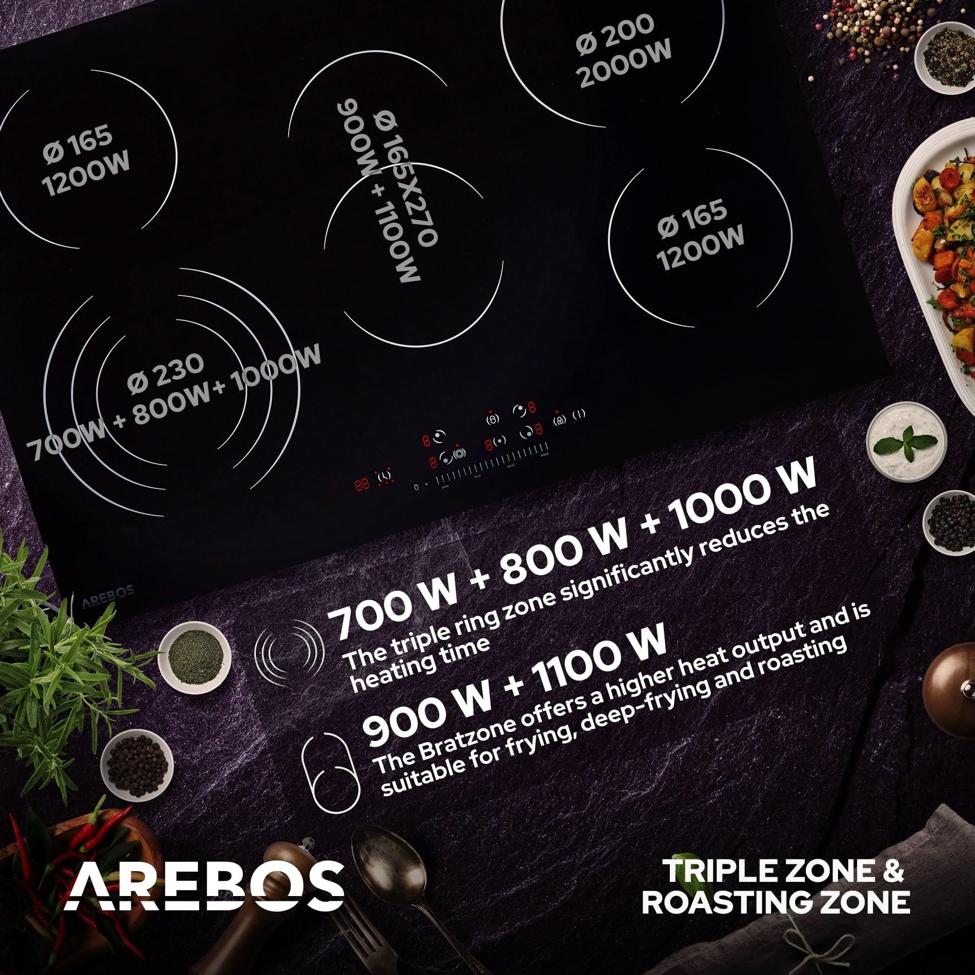 Arebos Płyta kuchenna z ceramiki szklanej | 8500 W | 5 pól grzewczych | 77 cm | autonomiczna |zabezpieczenie przed przegrzaniem | automatyczne wyłączanie