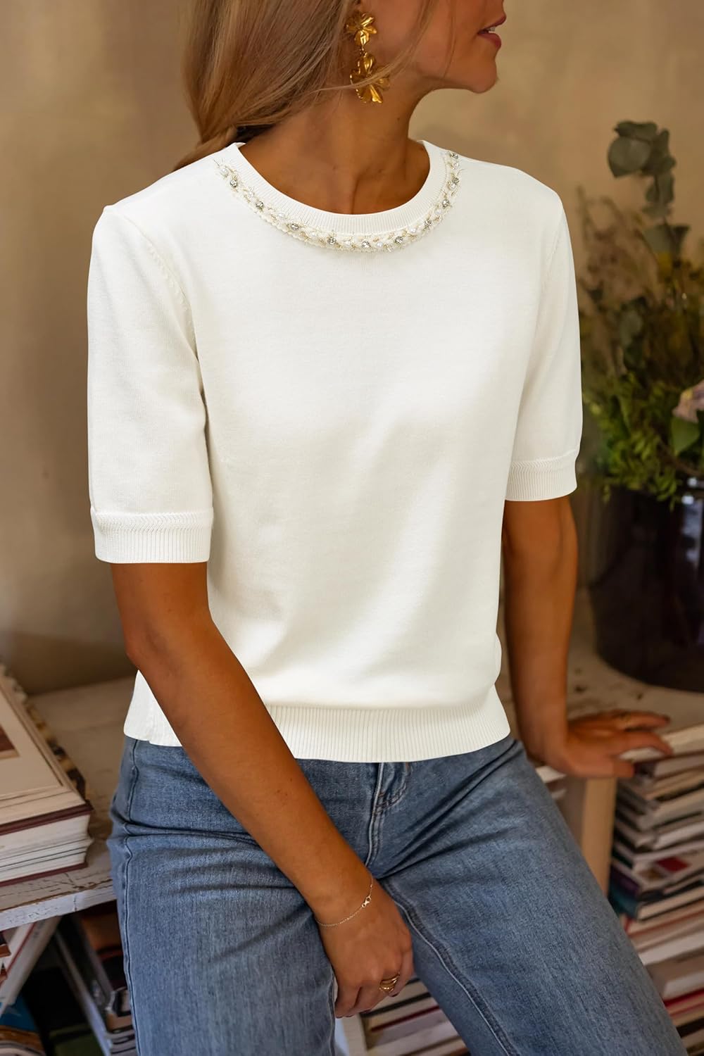 Arach&Cloz Women's Wool Blend Elegant Crew Neck Sweaters for Fall 2025 - Image 2