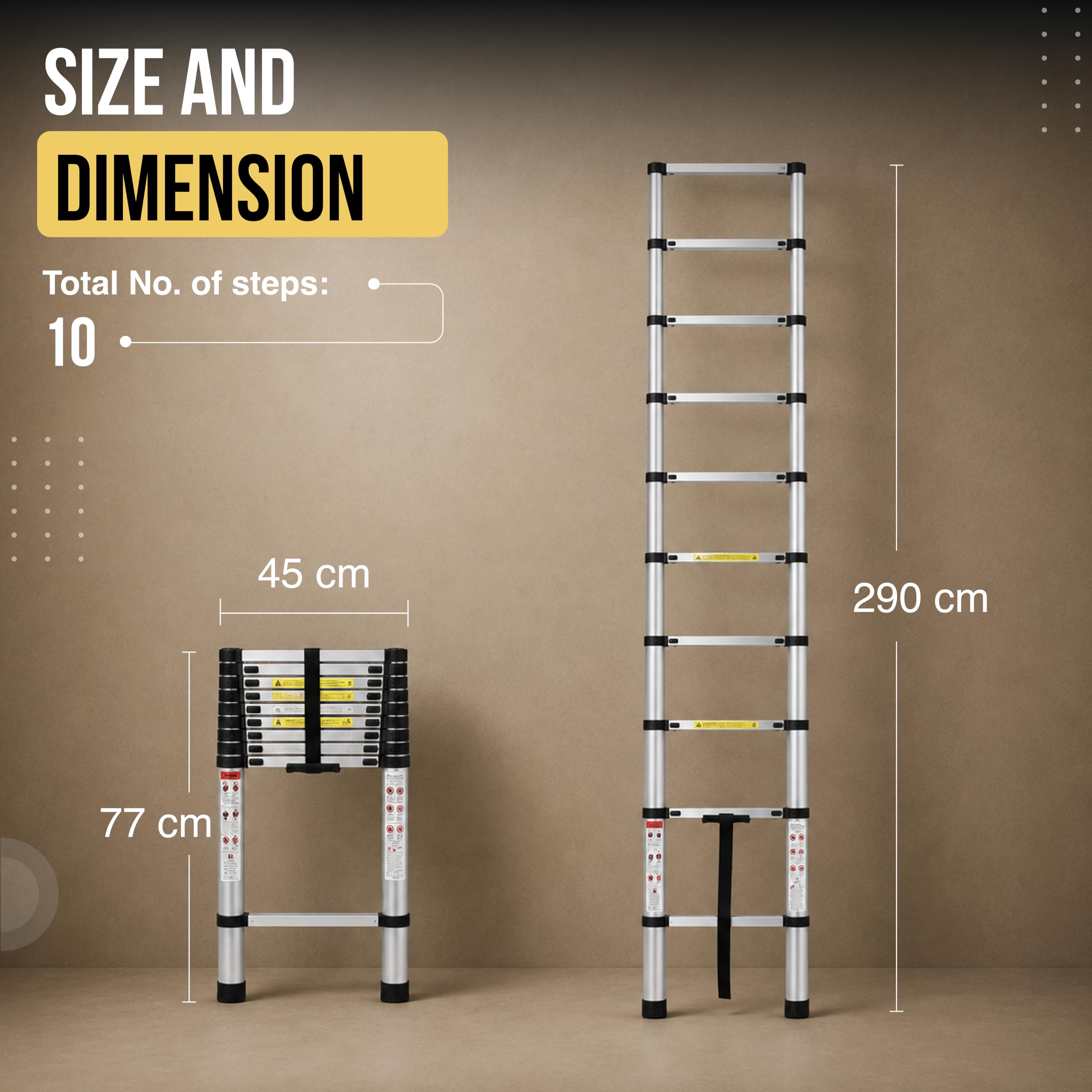Robustt 9.5 FT / 290 Cm Telescopic Folding Ladder | 150 kg Load Capacity| Locking Steps| Collapsible | Portable Ladder for Home, Construction and Outdoor use | 2 Years Warranty — Amazon image 2