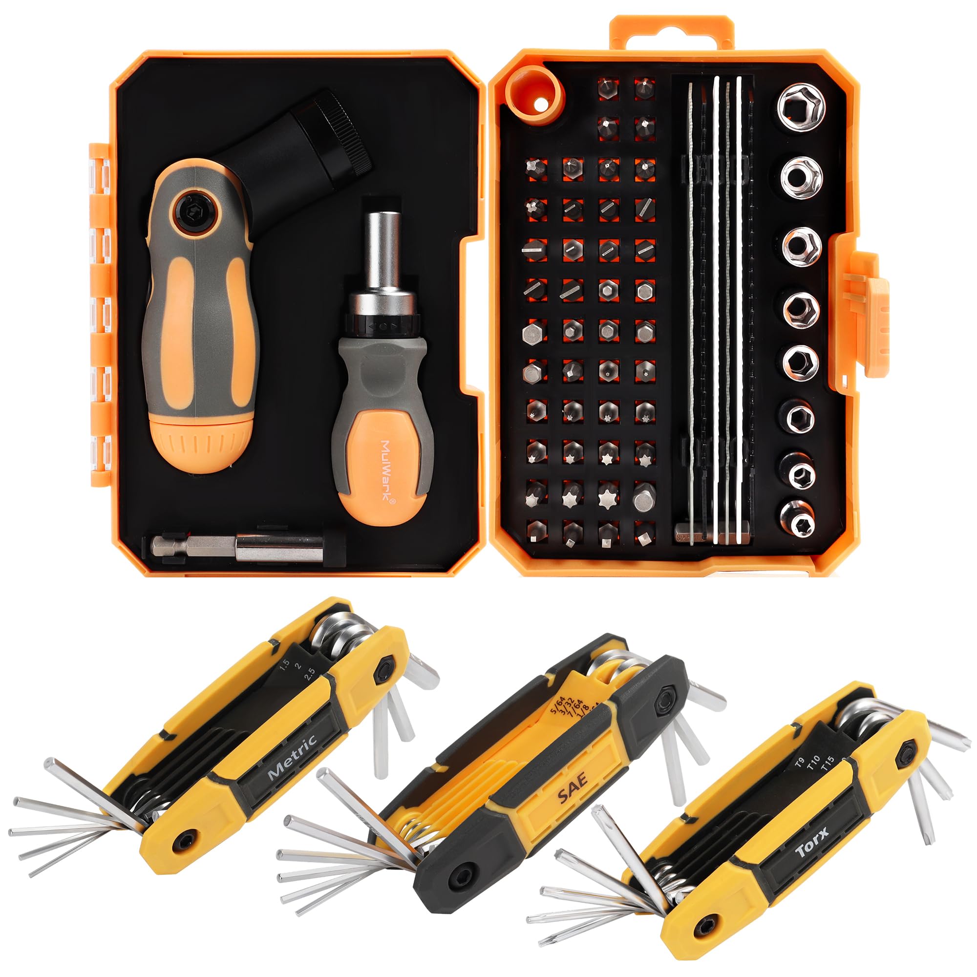 MULWARK 25 pcs Folding Allen Wrench Set | Metric & Standard SAE - Key Tool 3 Pack Portable Hex for Basic Home Repair and General Applications and MULWARK Ratcheting Screwdriver Bits & Socket Set