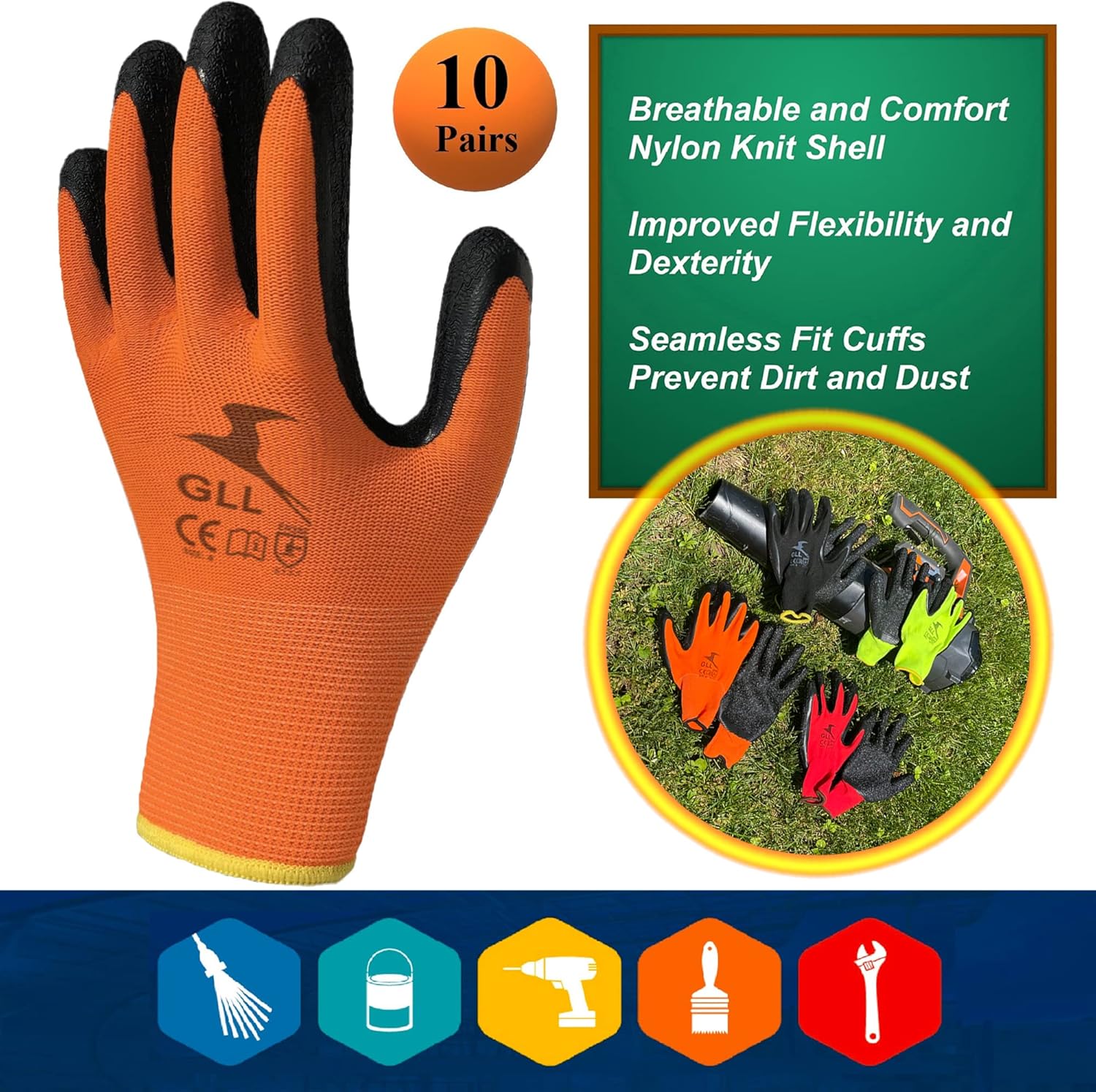 GLL Safety Work Gloves Latex Coated for Men and Women 10-Pair-Pack Knit Firm Grip