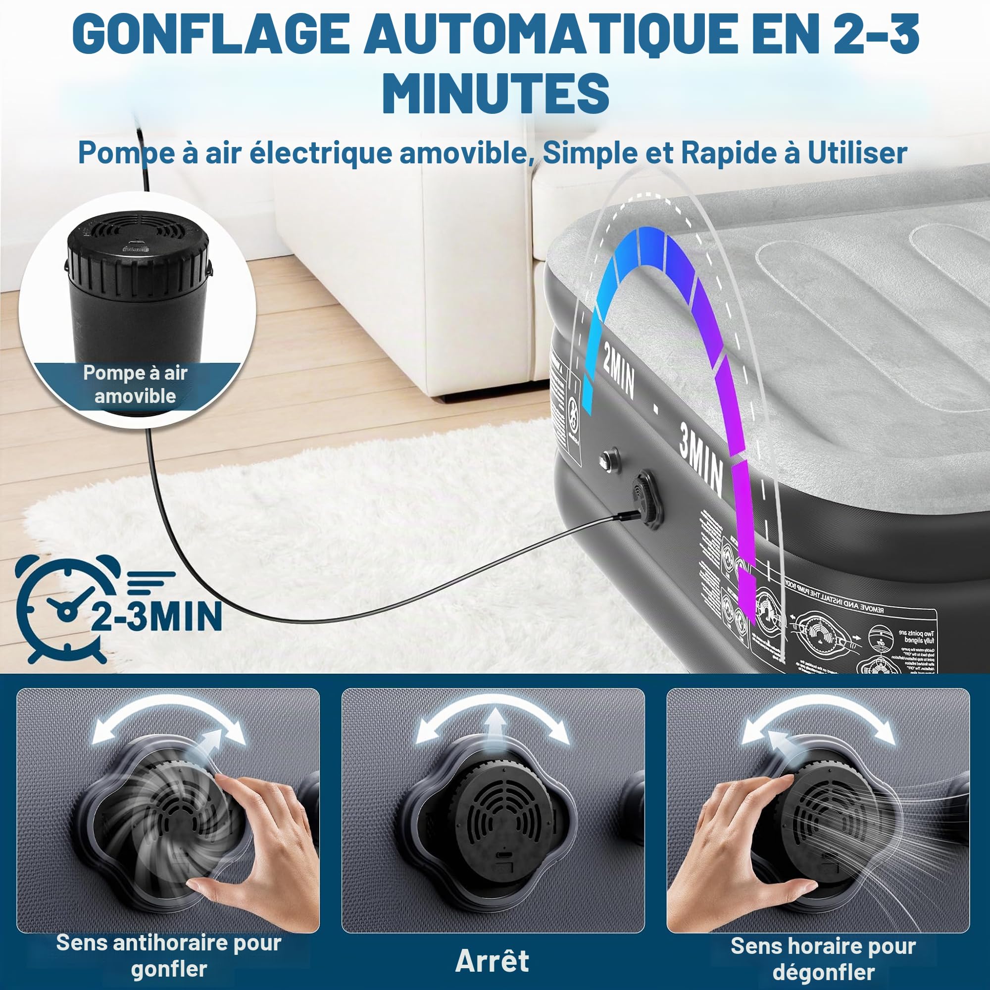 LARS360 Matelas gonflable auto-gonflant avec pompe à air, 187 x 90 x 46 cm, convient pour 1 personne, matelas gonflable avec sac de transport pour le camping/la maison, jusqu'à 300 kg - Noir/gris