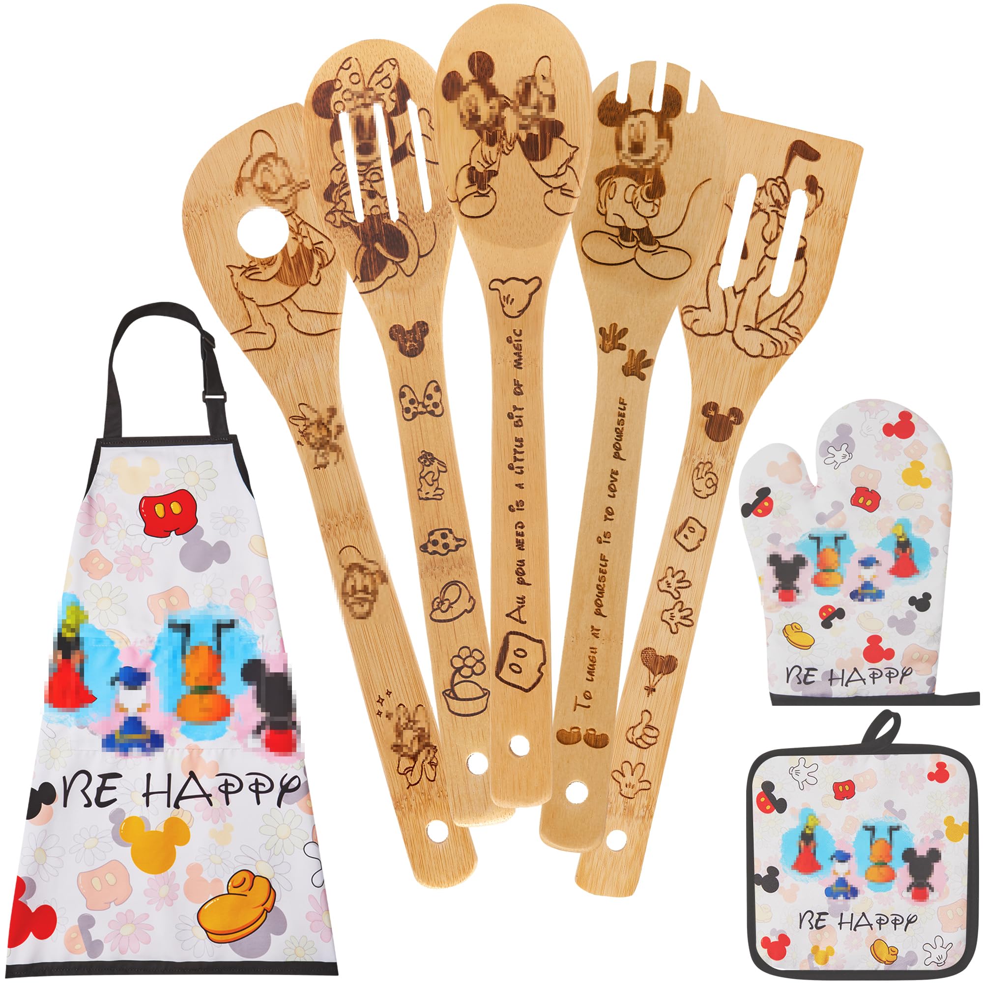Wooden Spoons for Cooking,Cartoon Bamboo Spoons Utensils Set Kitchen Decoration with Apron Oven Mitt Potholder,Best Birthday Gifts,8PCS Cute Anniversary Present for Women Friends