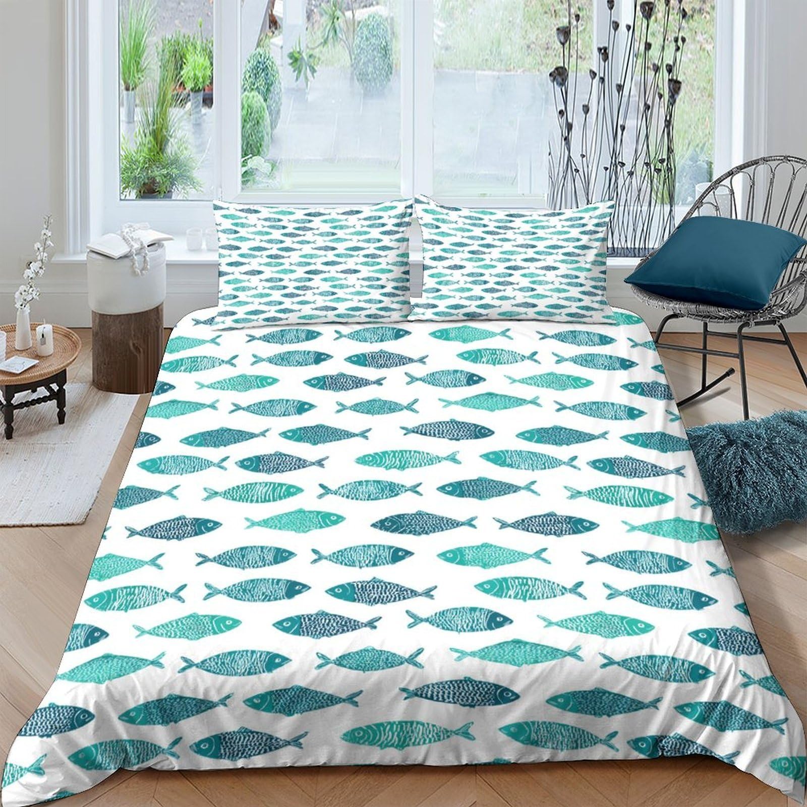 GPLZQXKJNH 3D Printed Blue Fish Pattern Duvet Cover Microfiber Soft Breathable Ocean Sea Life Bedding Set with 2 Pillowcases for Bedroom Home Decor Single（135x200cm）