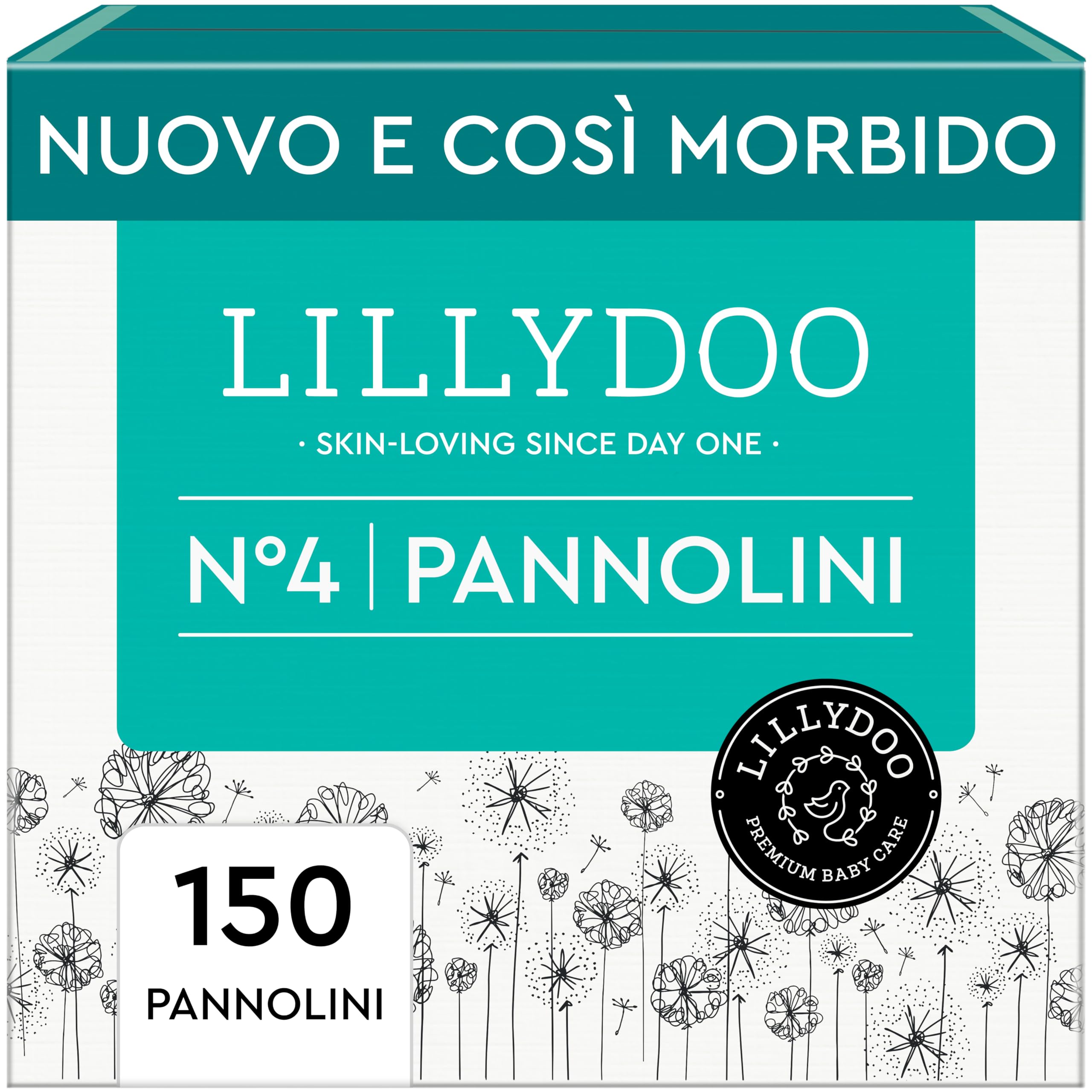 Pannolini LILLYDOO delicati sulla pelle - taglia 4 (9-14 kg), pacco scorta (150 unità), protezione contro le fuoriuscite, morbidi, senza profumi & lozioni e dermatologicamente testati