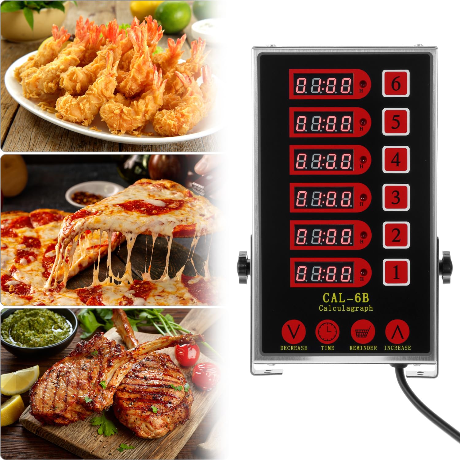 QWORK Temporizador de cocina, temporizador culinario comercial de acero inoxidable de 6 canales con alarma ultra fuerte