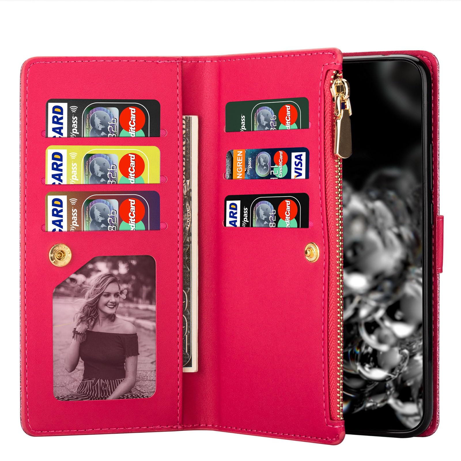 Etui do Samsung Galaxy S24 S24 Plus S24 Ultra Kobiety Brokat Bling PU Skórzane etui z klapką z 9 miejscami na karty Opaska na nadgarstek Podpórka Etui magnetyczne, do S24 Ultra, fioletowe