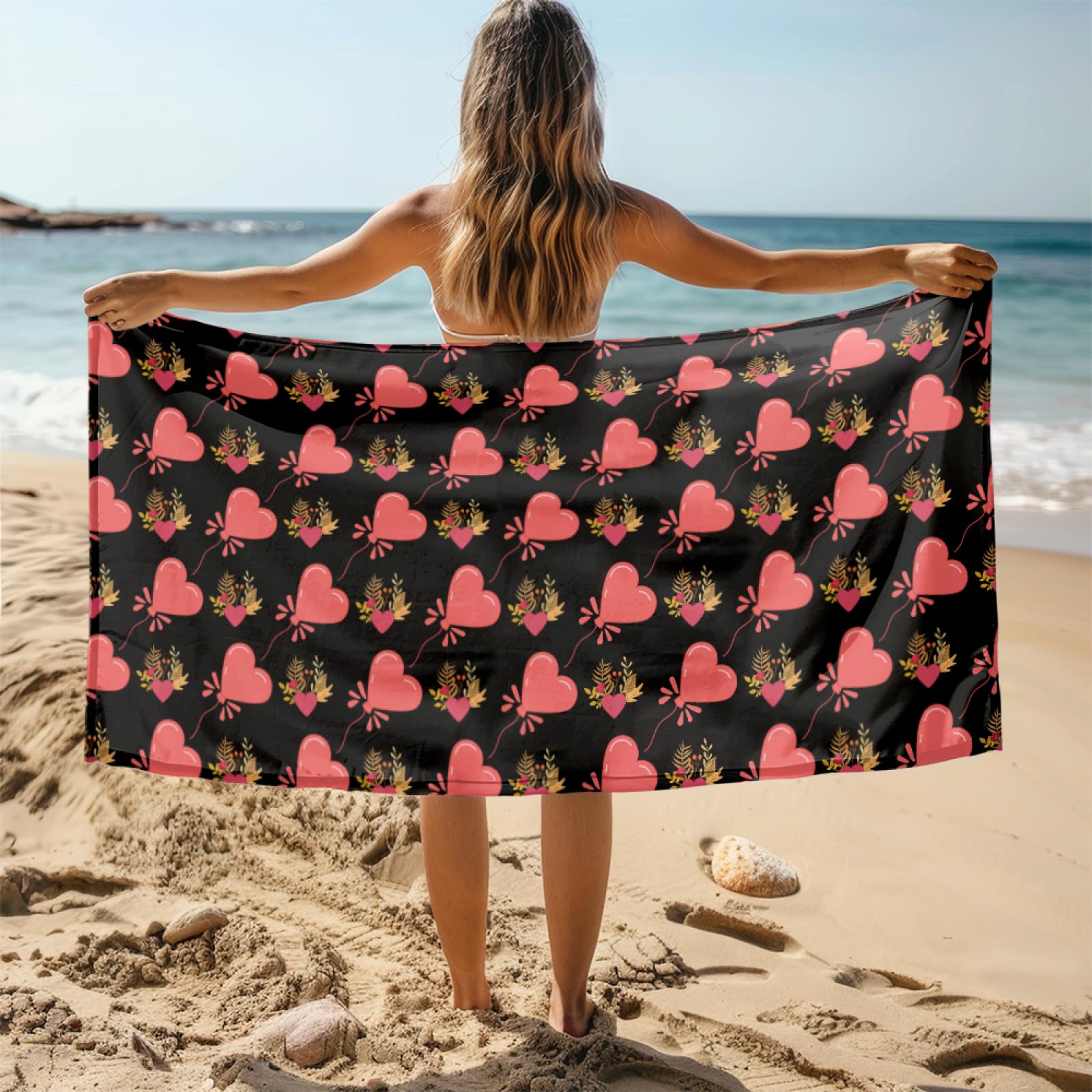 Fouta PlageCœurs Noirs Roses Modèle Surdimensionné avec Diverses Tailles, Respirante et Portable, Parfaite pour Voyages Sorties Piscine et Usage Extérieur Quotidien 90x160 cm