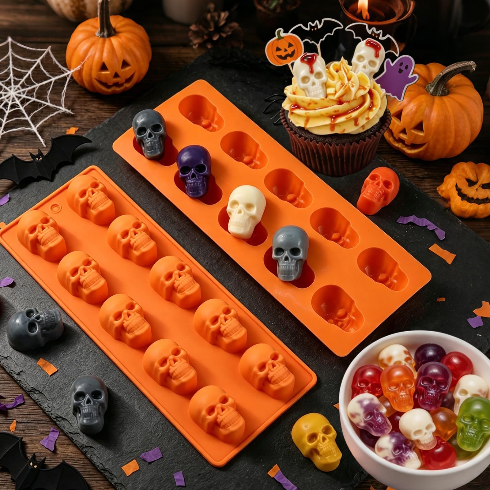 2 stampi in silicone a 10 cavità a forma di teschio, per cioccolatini, caramelle, gelatine, cubetti di ghiaccio, colata in resina, cupcake, decorazioni fai da te di Halloween