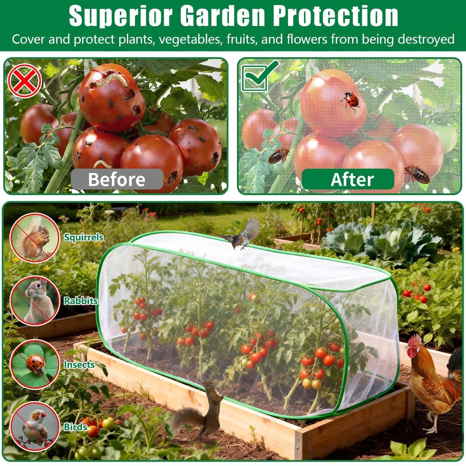 Para Bancal Elevado con 10 estacas, barrera antipájaros plegable