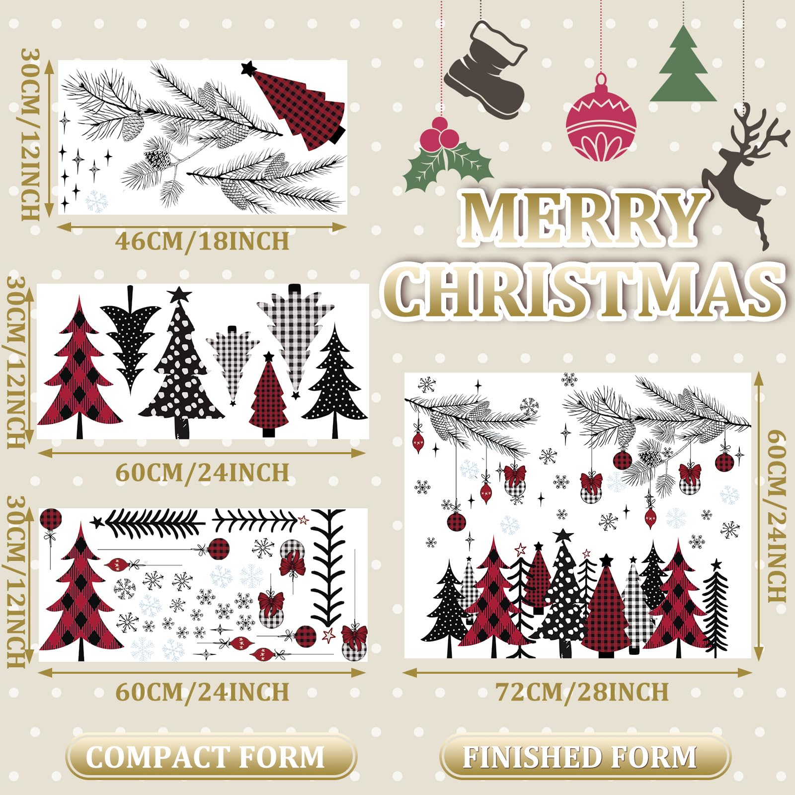 Qeeenar 3 hojas de calcomanías de pared de Navidad, calcomanías de Navidad para ventana, calcomanías de árbol de Navidad, calcomanías de pared extraíbles para invierno, sala de estar, decoración de