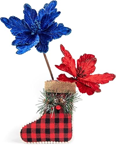 Miniatura 5 de DuHouse 7 piezas de flores de nochebuena artificiales con purpurina y tallos para decoración del árbol de Navidad, adornos para decoración del hogar