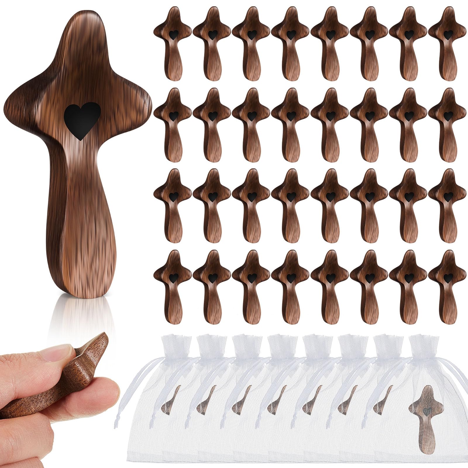 Threehoney 40 Pcs Wooden Cross Fidget Cross My Heart, Small Handheld Pocket Crosses in Bulk with Organza Bag Relief Fingertip Stress Christian Baptism First Communion Gift for Inspirational Prayer
