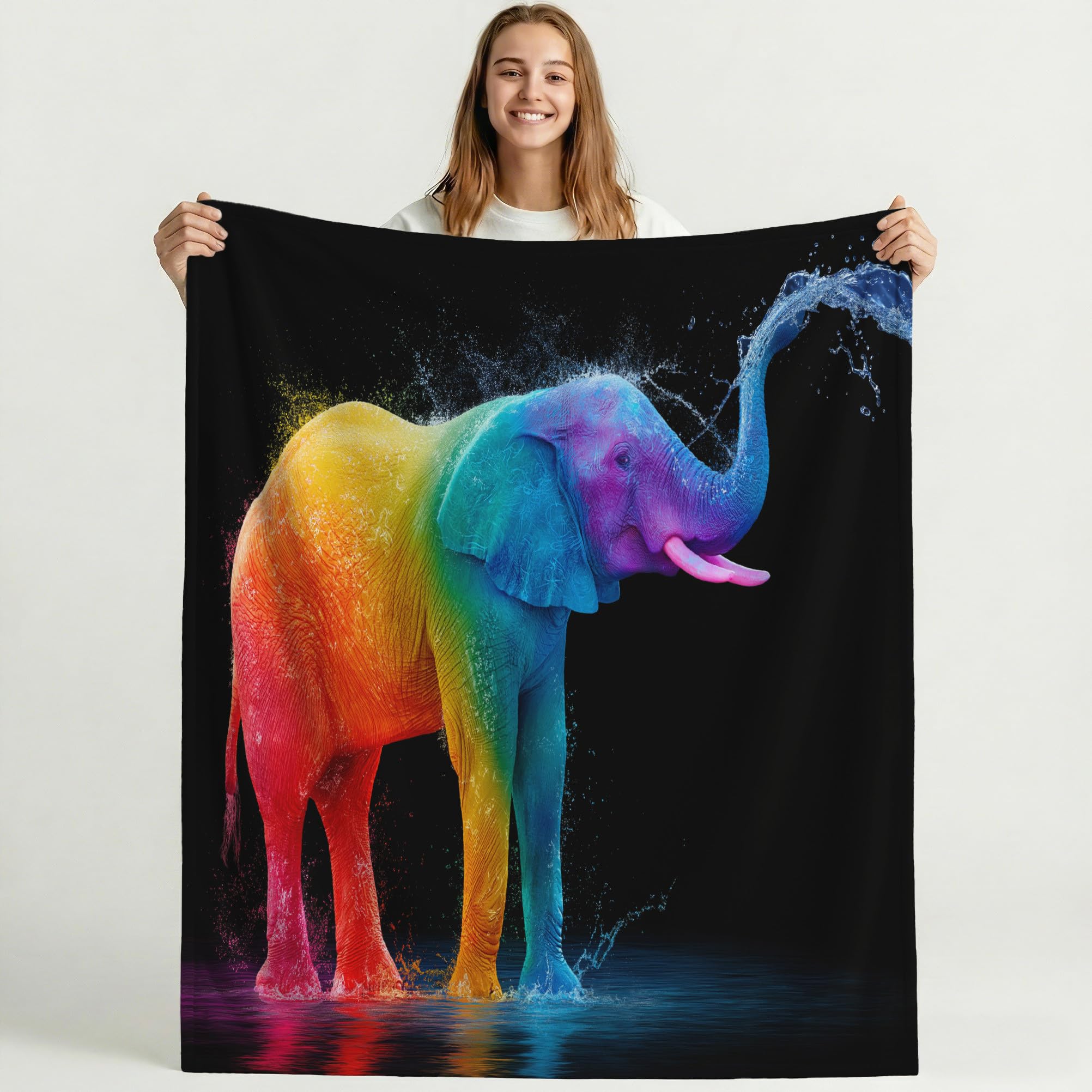 Genérico Manta con Estampado de Surrealista, 200 x 240 cm, Arcoíris Mantas Microfibra Fácil Cuidado Suave para Sofá y Cama, Cálida Ligera Acogedora Caliente Manta Decorativa Elefante Degradado