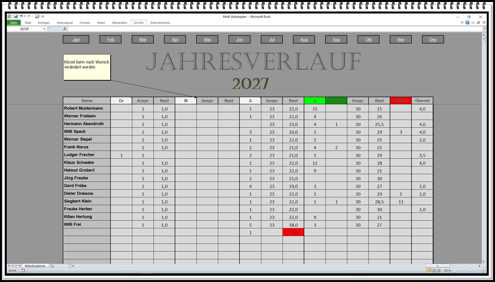 Urlaubsplaner Dienstplaner Schichtplaner Excel Software bis 6 Abteilungen