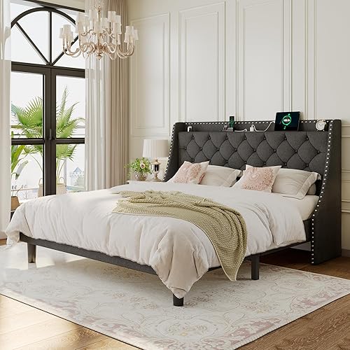 Miniatura 42 de Base de cama tamaño Queen con cabecero de almacenamiento capitoné con botones en la parte trasera y puertos tipo CA, plataforma tapizada, soporte de