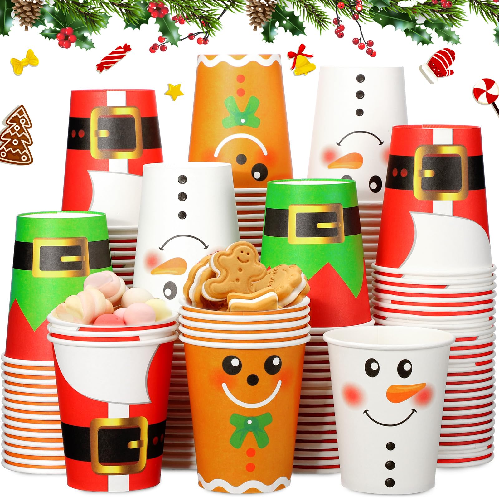 Gobelets de Noël jetables lot de 200 vaisselle papier 255ml bonhomme de neige renne elfe