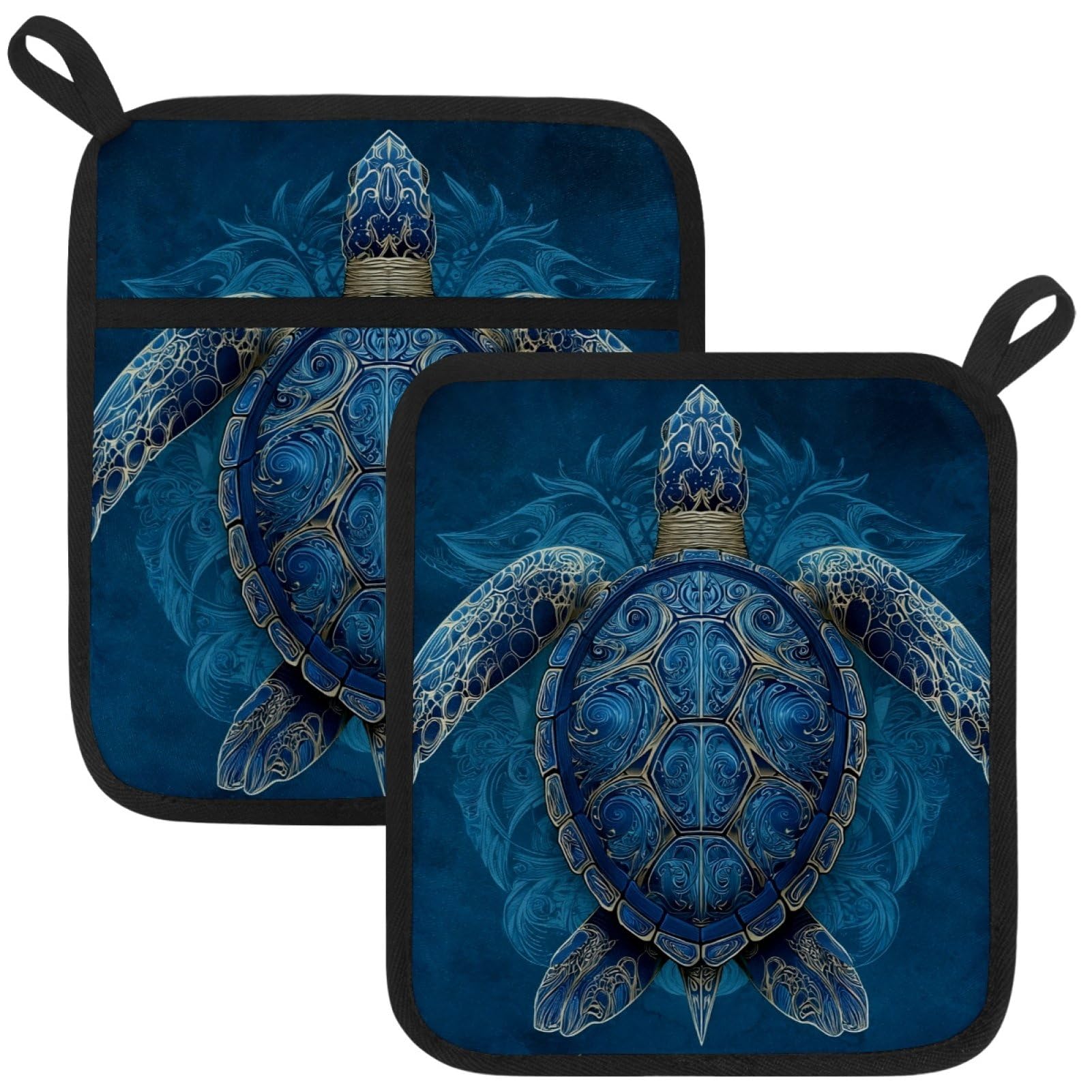 VAPOKF Art Turtle Pot Holders with Pocket for Kitchen Heat Resistant Potholders Large Polyester-Cotton Square Oven Mitts Set