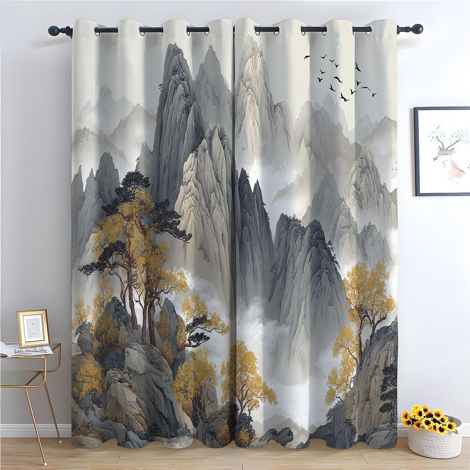 WQBQKKX Plants Curtains Ink Painting Bohemian Flower Plant Print Thermal Insulated Window Drapes, Botanical Art Window Treatments-52 W x 72" L (Pack of 2)
