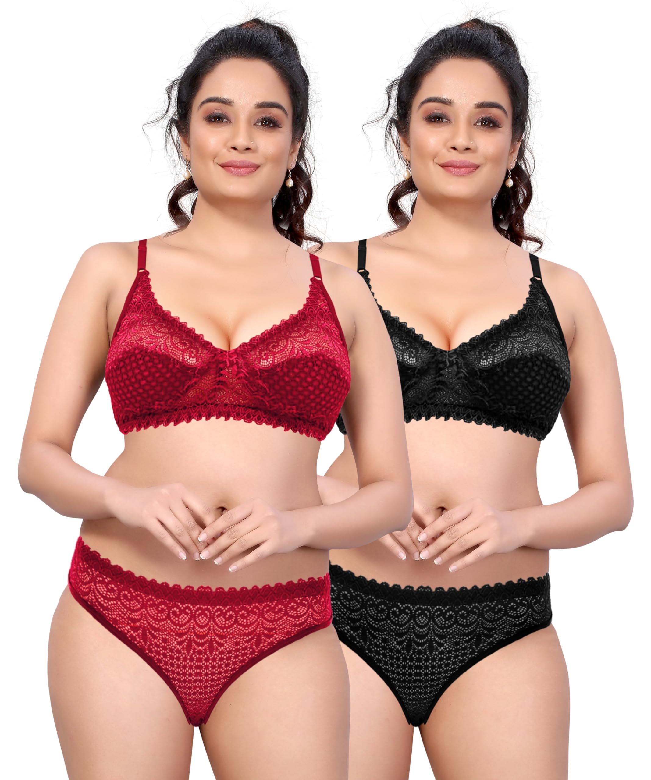 contex media Combo Offer Women Sexy Lingerie Set for Honymoon Sex Panty Set, Underwired Bridal Lace Bra and Panty Set, Swimwear Bikini Bra Panty Lingerie Set (Pack of 2) Black, Red-picture-41