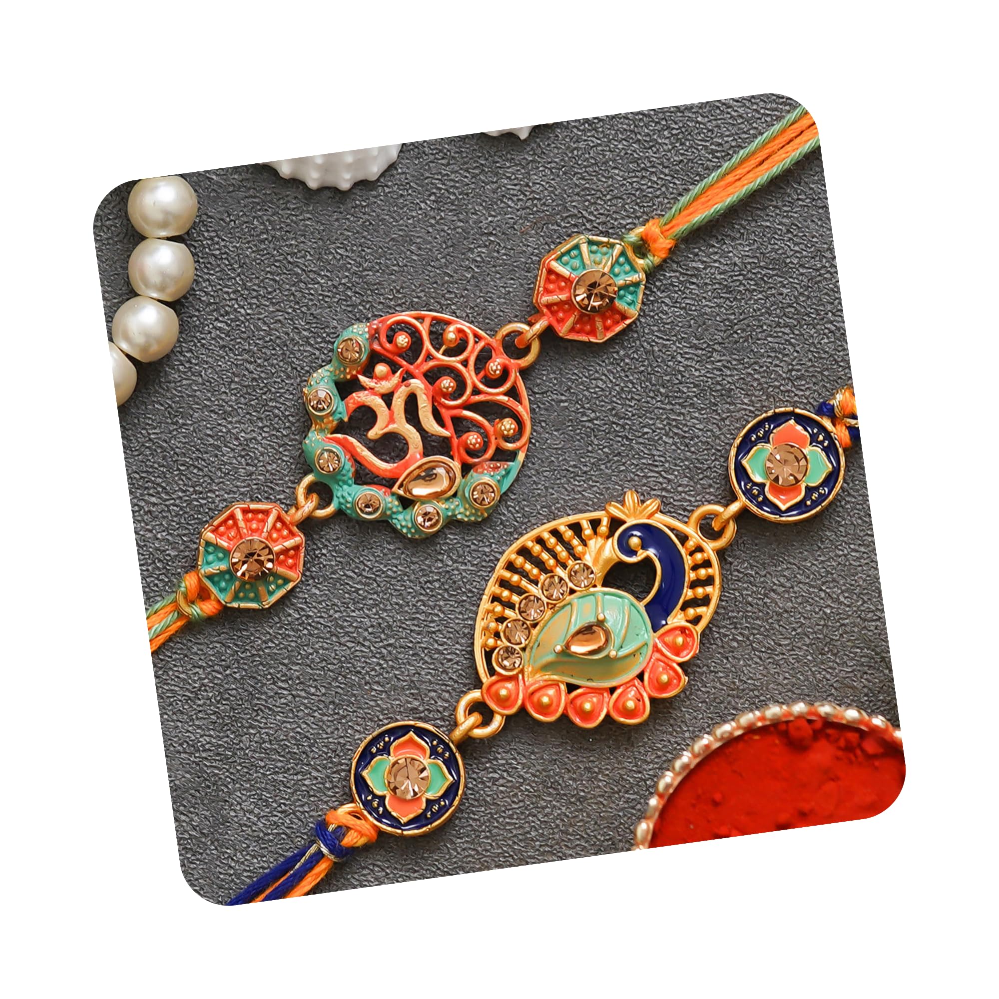 Multicolor Set of 2 Religious Om Symbol and Peacock Designer Rakhis with Roli Chawal Pack - Rakhis for Brothers-image-19