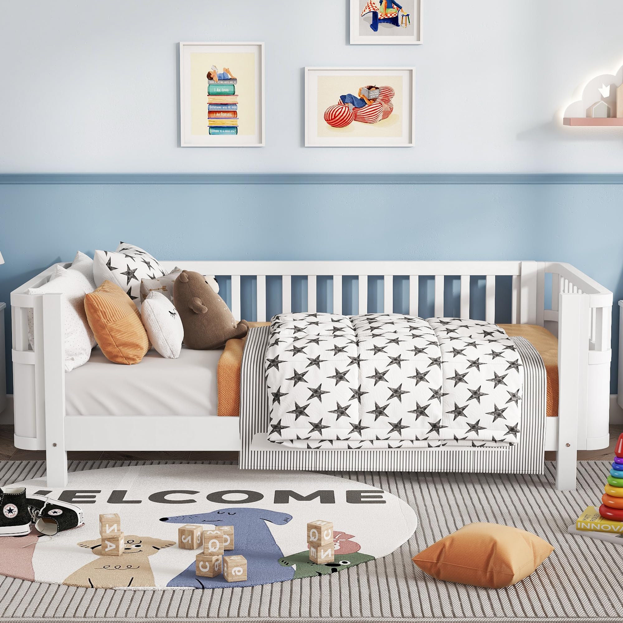 Mirightone Twin Bed Frames Kids with Rails, Wood Montessori Twin Bed with Slats Support, Modern Low to Ground with Removable Bed Rails for Girls Boys