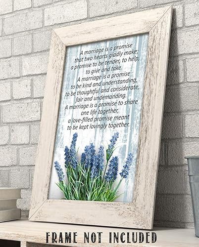 Miniatura 9 de Romántico, con texto en inglés "A Marriage is a Promise." Staying Together, aspecto vintage de madera con flores de lavanda azules y palabras