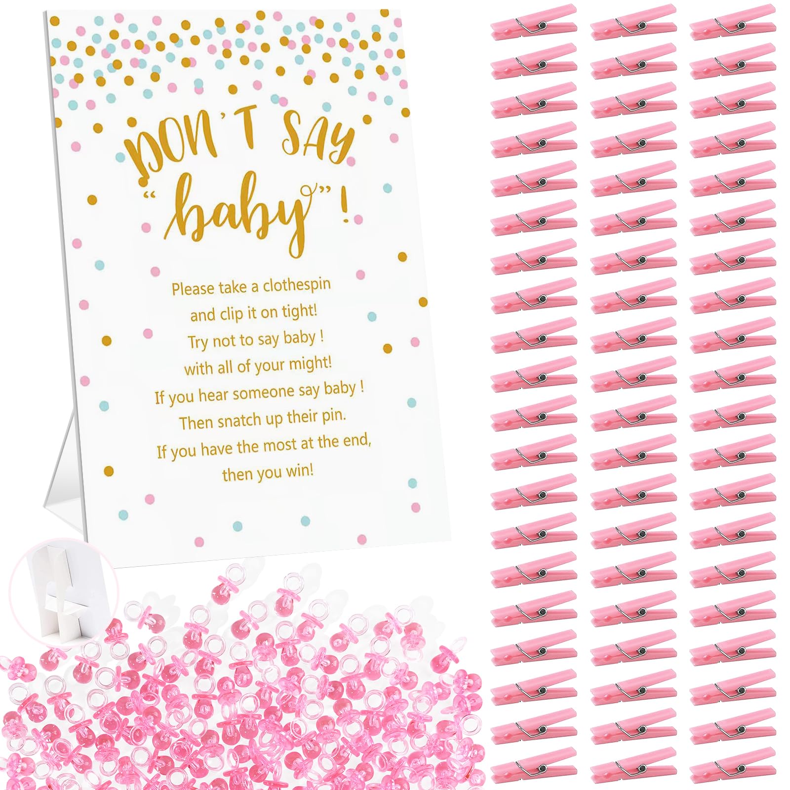 Baby Shower Clothespin gra zawiera jeden znak 'Don't Say Baby ' 8 × 11 i 60 mini różowych spinaczy do bielizny 60 mini smoczków dla niemowląt