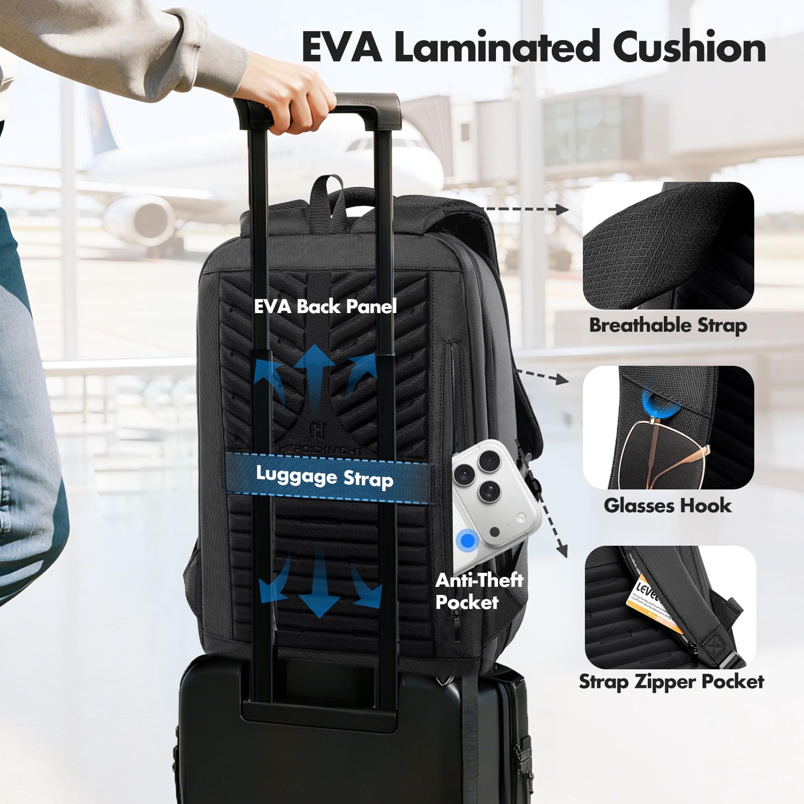 Mochila Expandible 40L para Portátil 16 Pulgadas, Mochila de Viaje Hombre | con USB-C y USB-A, Equipaje de Mano Aprobado Avión, Apertura 180°, Mochila Impermeable Antirrobo Trabajo Negocios, Negro
