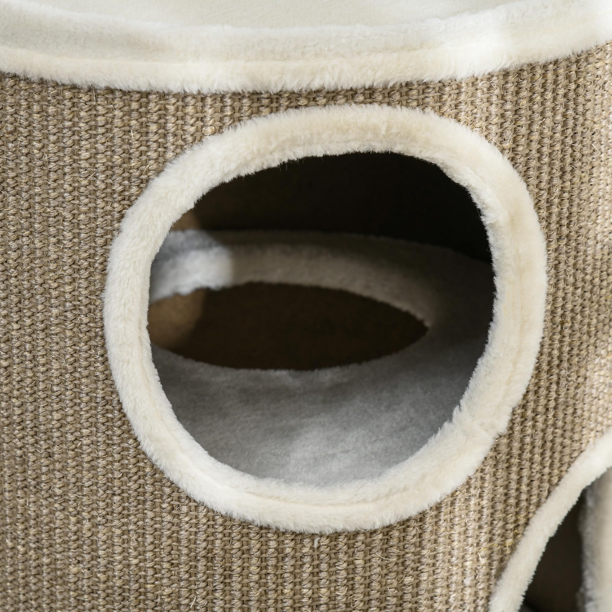 PawHut Tonneau à griffer, hauteur 70 cm, tonneau de jeu pour chats, 3 niveaux, arbre à chat avec 3 cavités, arbre à chat, tour à griffer en sisal, meuble pour chats, peluche, marron