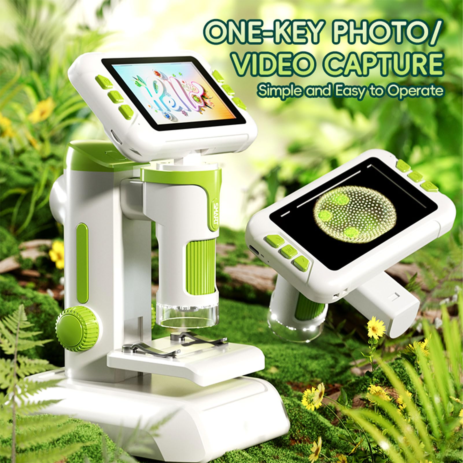Goshyda Microscopio Portatile, Ingrandimento 100X 1600X, Schermo HD 1080P da 4 Pollici, Microscopio per Bambini Dai 5 Ai 18 Anni, con 6 Luci LED Regolabili, Cavo USB, Vetrini