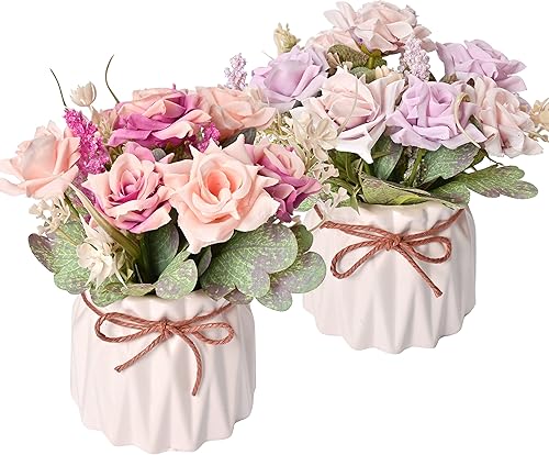 Donmills Paquete de 2 rosas artificiales de flores artificiales en arreglos de maceta para centros de mesa bodas fiestas escenarios baño alféizar de