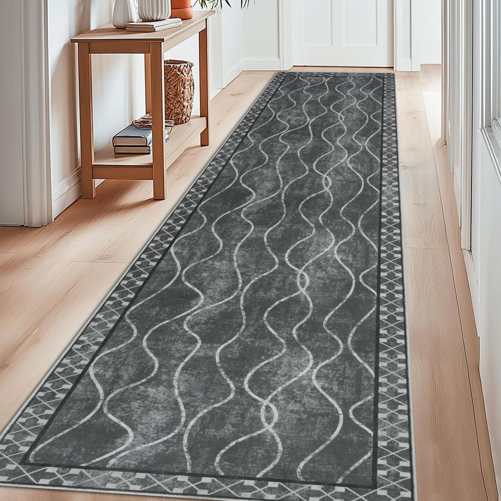 Famibay Teppich Läufer Flur 80x300 Teppich Küche Läufer rutschfest Teppichläufer Flur Waschbar Grau Flurteppich Läufer Lang für Küche Schlafzimmer Wohnzimmer Korridor