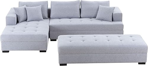 Miniatura 4 de Moderno sofá tapizado en forma de L, sofá seccional de gran tamaño con otomana móvil, gris