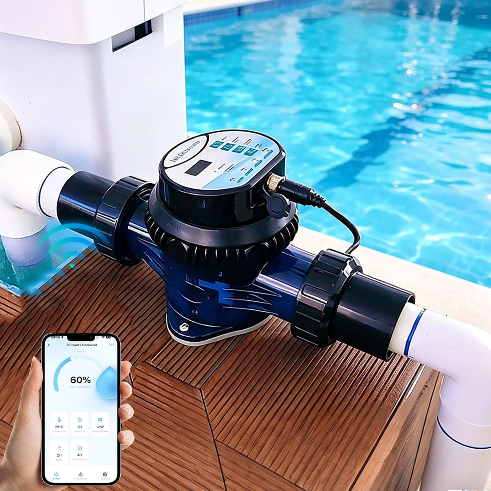 Generator Chlorowania Soli, System Elektrolitycznego Wytwarzania Chlorowania Soli, Ze Sterowaniem Przez Wi-Fi/Aplikację, Do Basenów O Pojemności 10–50m³, Ułatwiający Konserwację Basenu 10g/h