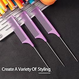 Goodofferplace 3 PCS Rat Tail Combs Parting Rattail Teasing Fine Tooth Comb with Metal Pick for Curly Hair,Detangling Parting Combs for Women,for Braiding,Styling Hair(Purple)