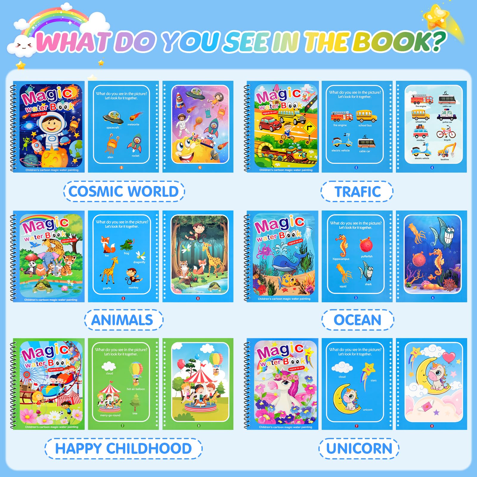 MINISOISO 6 Libros Mágicos Para Colorear Con Agua – Sets De Acuarela Sin Tinta Con 6 Bolígrafos, Reutilizables Para Niños De 2 A 6 Años