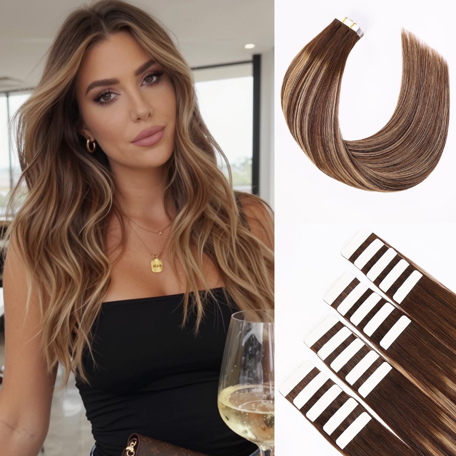 Extension Capelli Veri Biadesivo 20pcs 35cm Extension Biadesive Capelli Veri Castano Cioccolato con Biondo Caramello Invisibile Estensione Capelli Veri Tape in Human Hair 40g(14inch,4/4/27#)