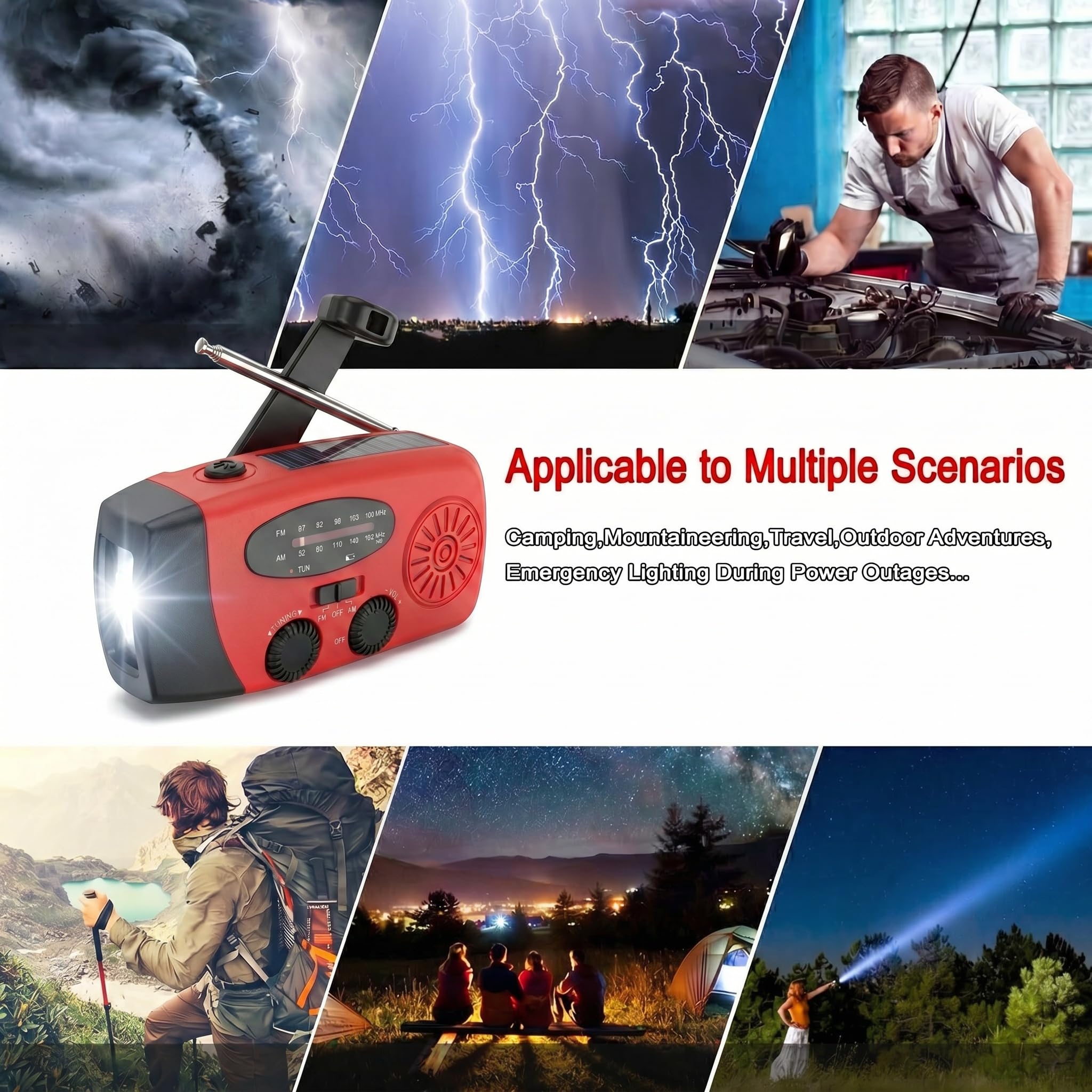 Radio di Emergenza con Manovella e Solare, Powerbank 2000mAh per Cellulare, Torcia LED con Allarme SOS, Radio AM/FM Portatile per Blackout, Tempesta, Campeggio, Escursionismo, Auto e Famiglia