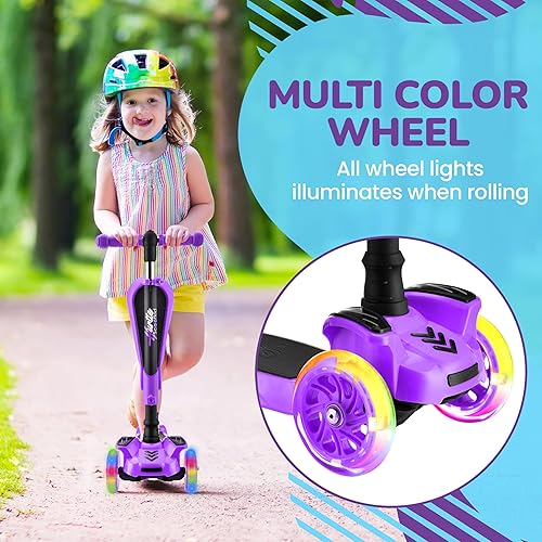 Vista 51 de Hurtle Patinete de 3 ruedas para niños, luces LED de ruedas, manubrio ajustable de inclinación para dirigir y asiento plegable, paseo sentado