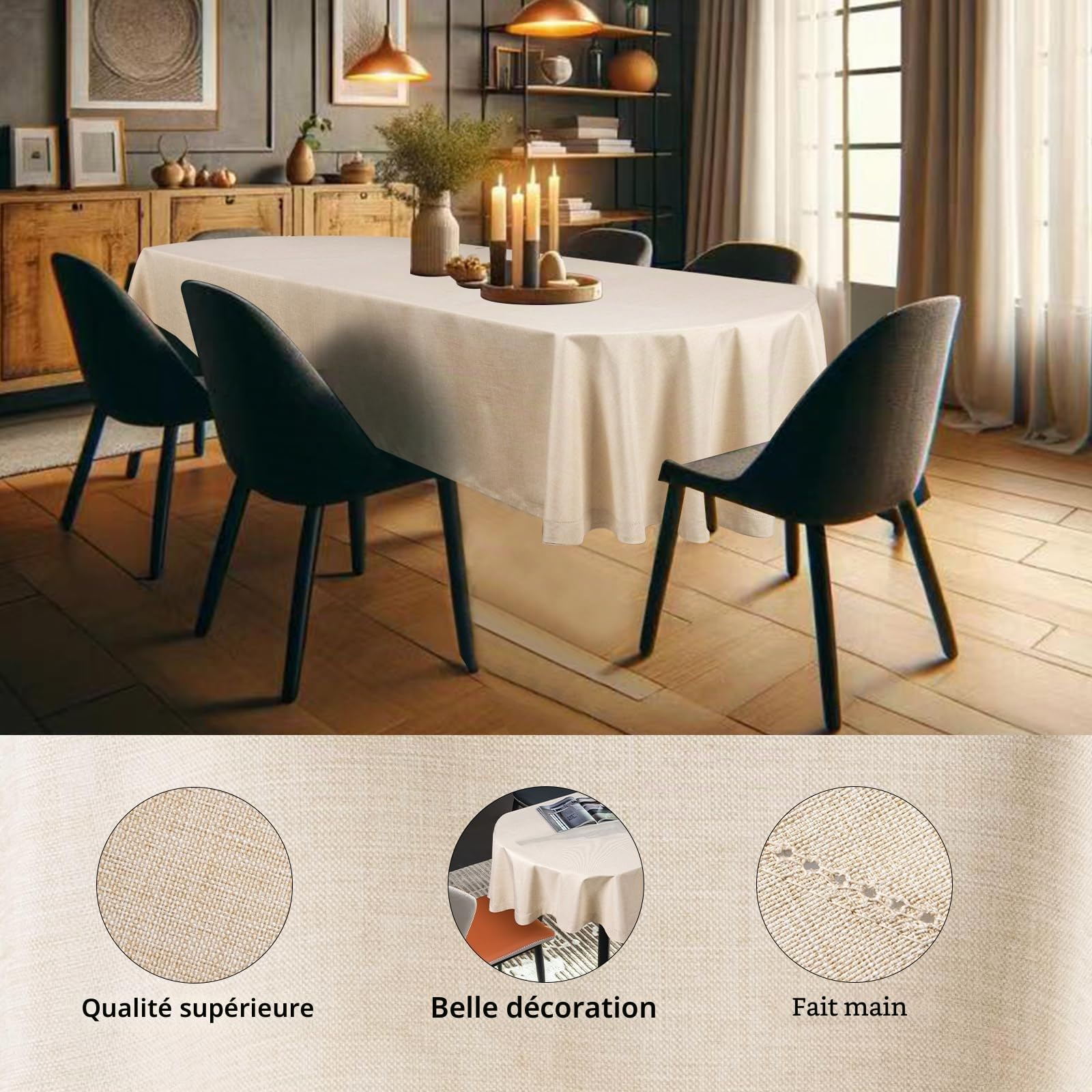 Nappe de Table Ovale Texturée Beige 155 x 215cm, Nappe de Table sans Plis, Élégante Couverture de Table en Lin Beige Couleur Unie, Design Ajouré, Tissu Naturel pour Table à Manger