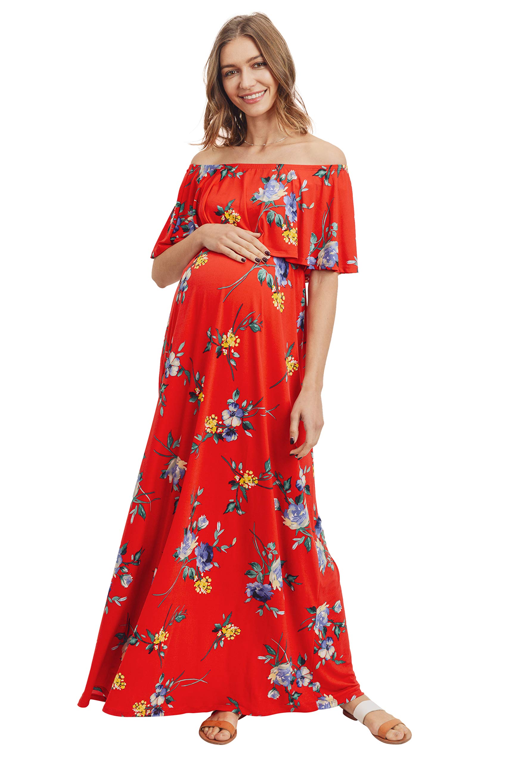 Womens Off Shoulder Ruffle Maxi Maternity Dress Red Floral XL