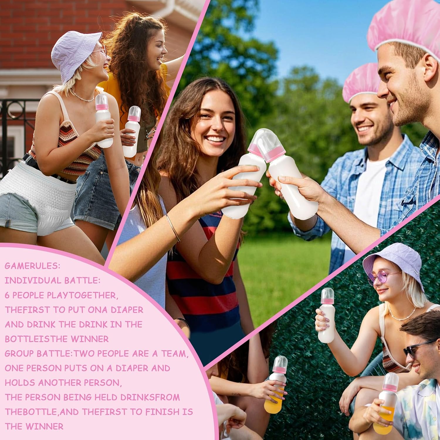 6 Sets Bottle Chug Baby Shower Games Juegos Para Plastic Baby Bottles Bibs Hat Disposable Diapers Gender Reveal Games Baby Changing Diaper Race Game Decoration (Pink)